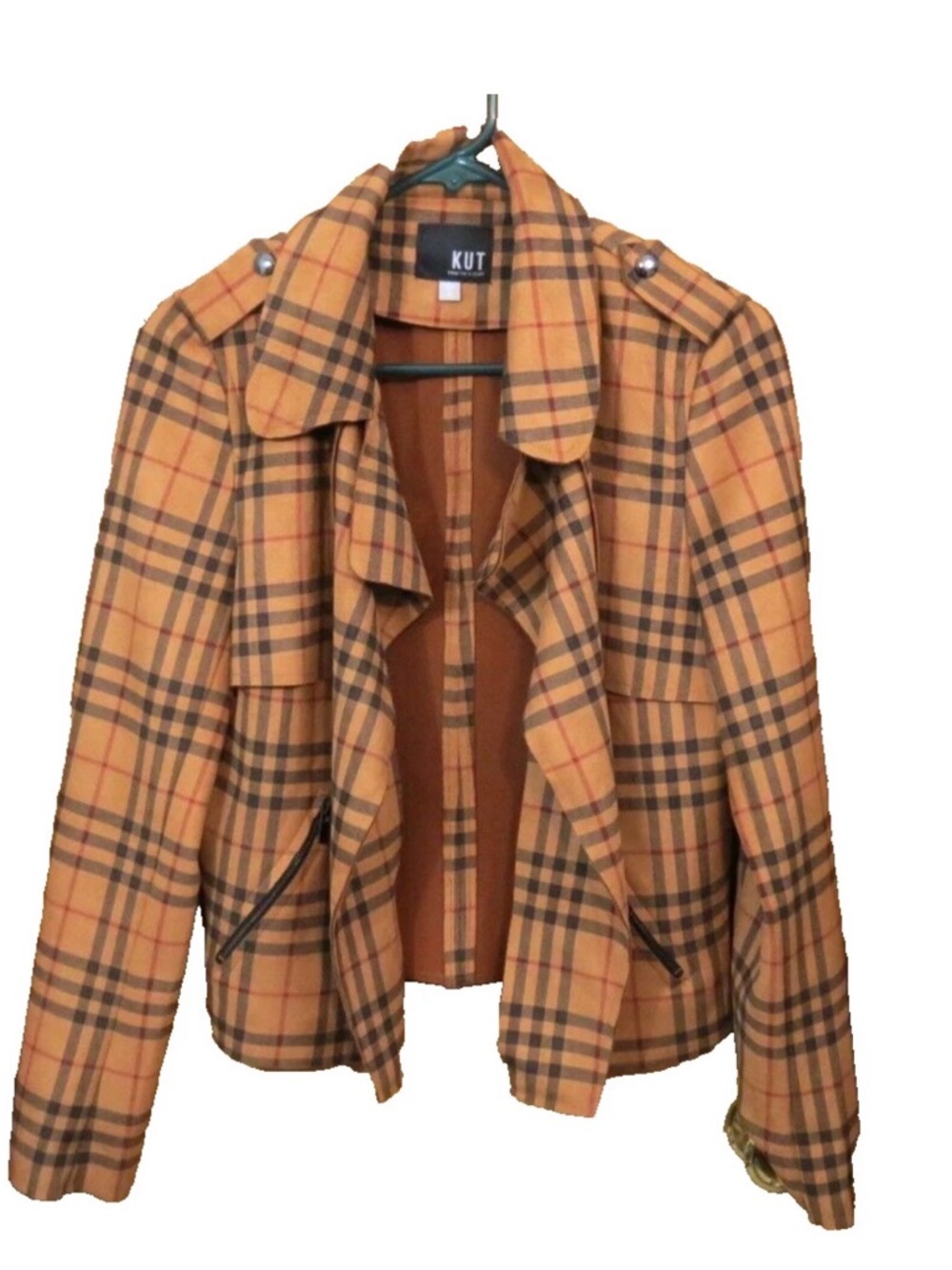 Kut from the Kloth Jacee draped moto whiskey/carmel brown jacket plaid medium